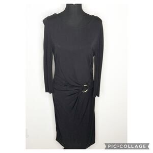 Escada black gold buckle draped front midi dress size 42 or US 12